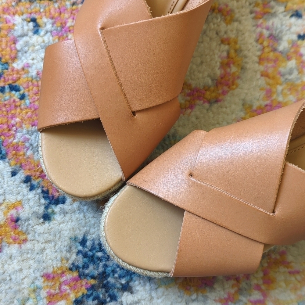 Soludos Amalfi Leather Criss Cross Espadrille Platform Heeled Sandals Nude Tan 7 - Picture 3 of 16